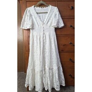 By The River White Lace Midi Dress Size Medium Boho Festival Whimsy Cottage